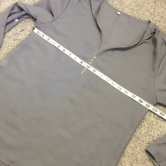 Grey Semi Sheer Lightweight Zip Collar Droptail Hem Blouse - Picture 13 of 16